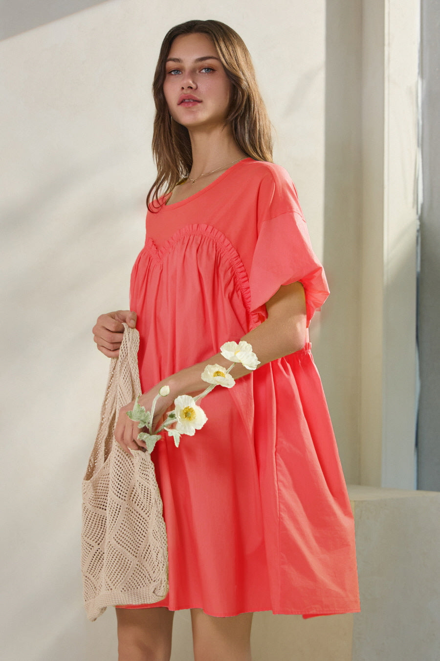 Poplin & Knit Jersey Babydoll Mini Dress - Sunset Coral