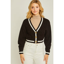 Load image into Gallery viewer, Striped Trim Cable Knit Crop Cardigan - Black
