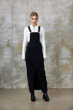 Load image into Gallery viewer, Denim Overall Dungareedress with Front Split in Black
