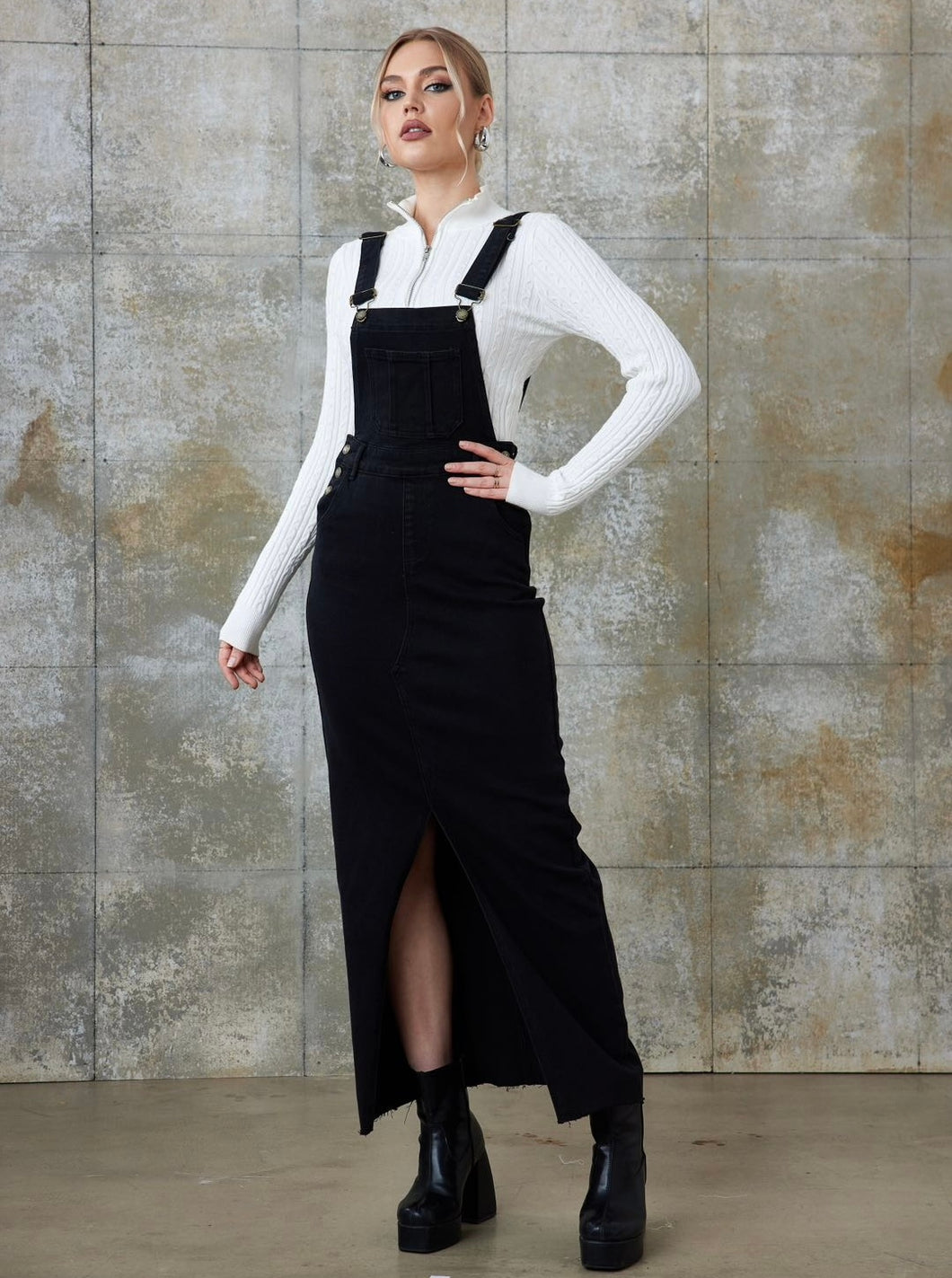 Denim Overall Dungareedress with Front Split in Black