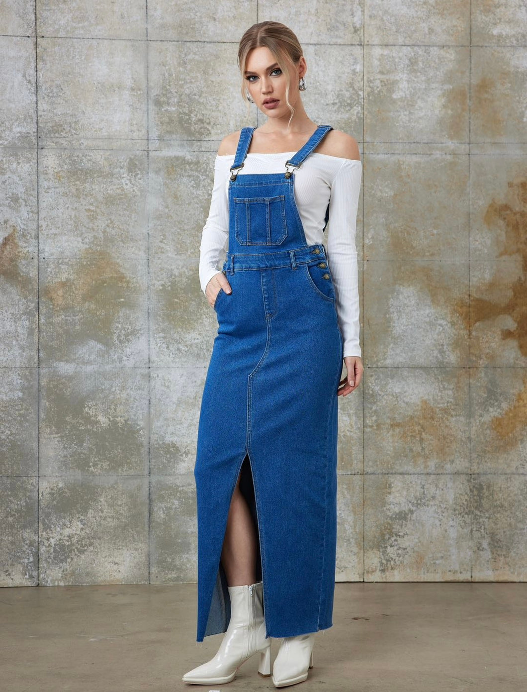 Denim Overall Dungareedress with Front Split in Blue