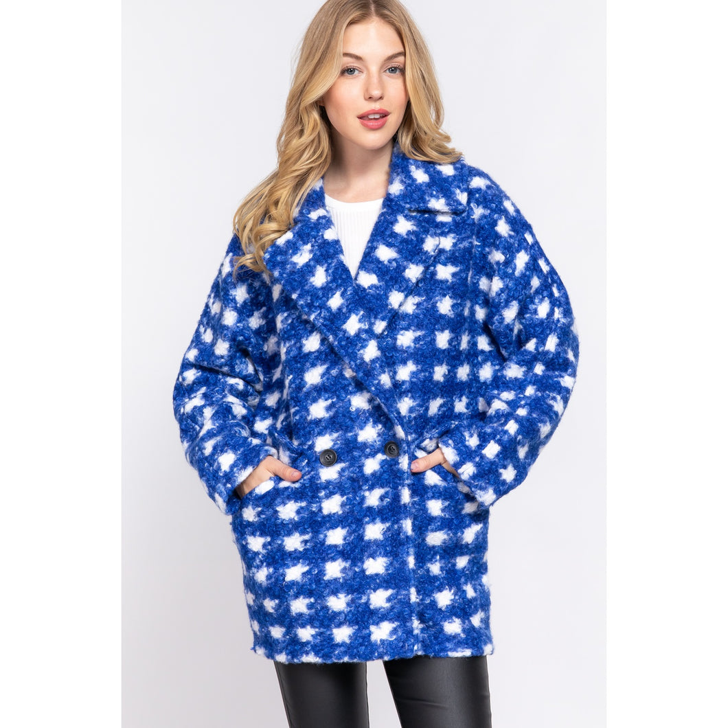 Check Print Boucle Fleece Coat in Royal Blue