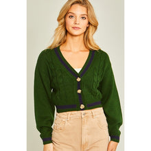 Load image into Gallery viewer, Striped Trim Cable Knit Crop Cardigan - Green

