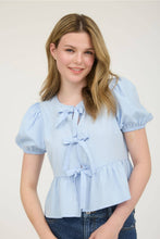 Load image into Gallery viewer, Bow Front Tie Puff Sleeve Woven Top - Ice Blue

