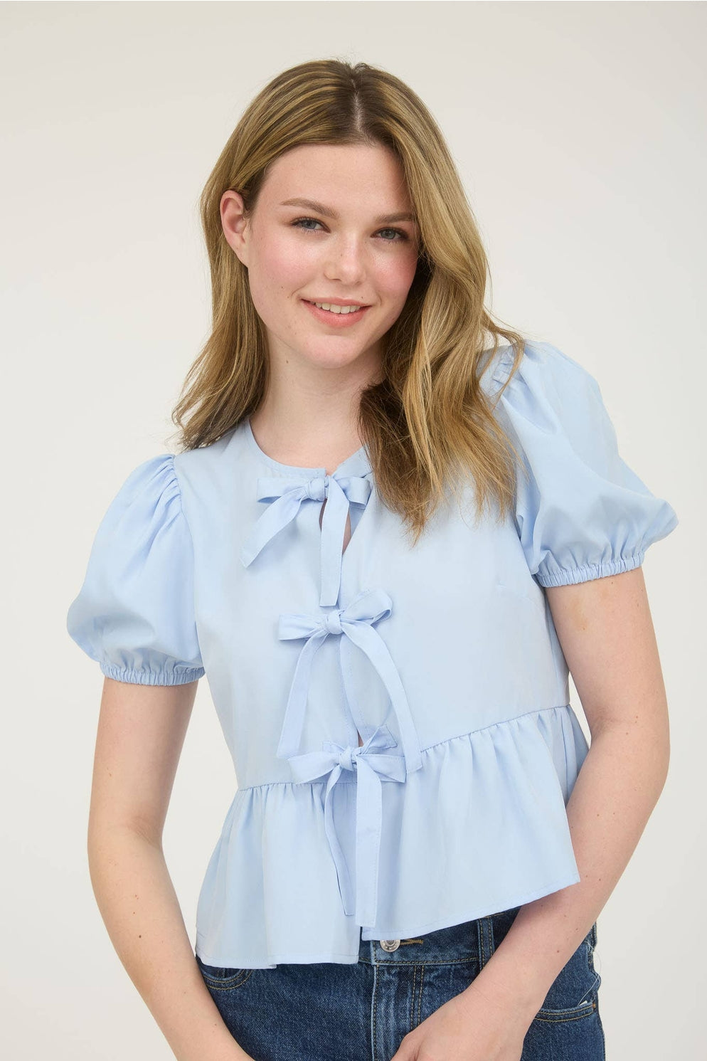 Bow Front Tie Puff Sleeve Woven Top - Ice Blue