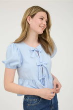 Load image into Gallery viewer, Bow Front Tie Puff Sleeve Woven Top - Ice Blue
