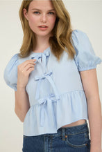 Load image into Gallery viewer, Bow Front Tie Puff Sleeve Woven Top - Ice Blue
